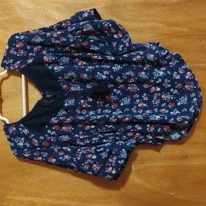 Justice Girls Floral Boho Blouse Blue Crochet Tassels Scoop Neck Bell Sleeve 6/7